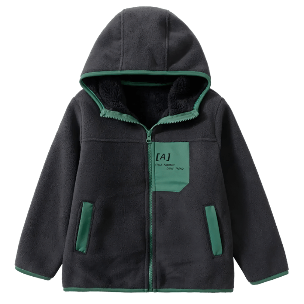 Stylish Hooded Fleece Jacket with Applique and Zipper - SF3839 in black and green, perfect for casual wear and layering in colder weather.