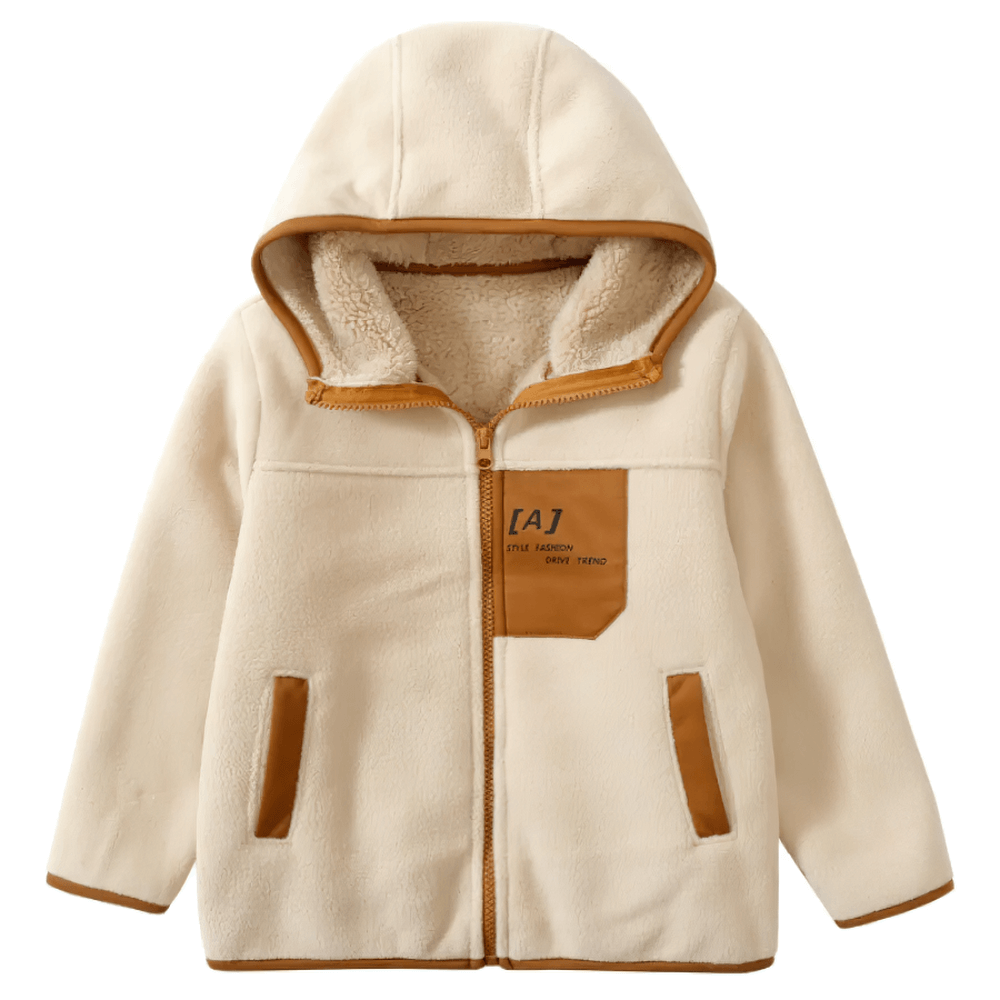Hooded Fleece Jacket with Applique and Zipper - SF3839 in cream, featuring soft fleece and fashion applique for a stylish and warm look.