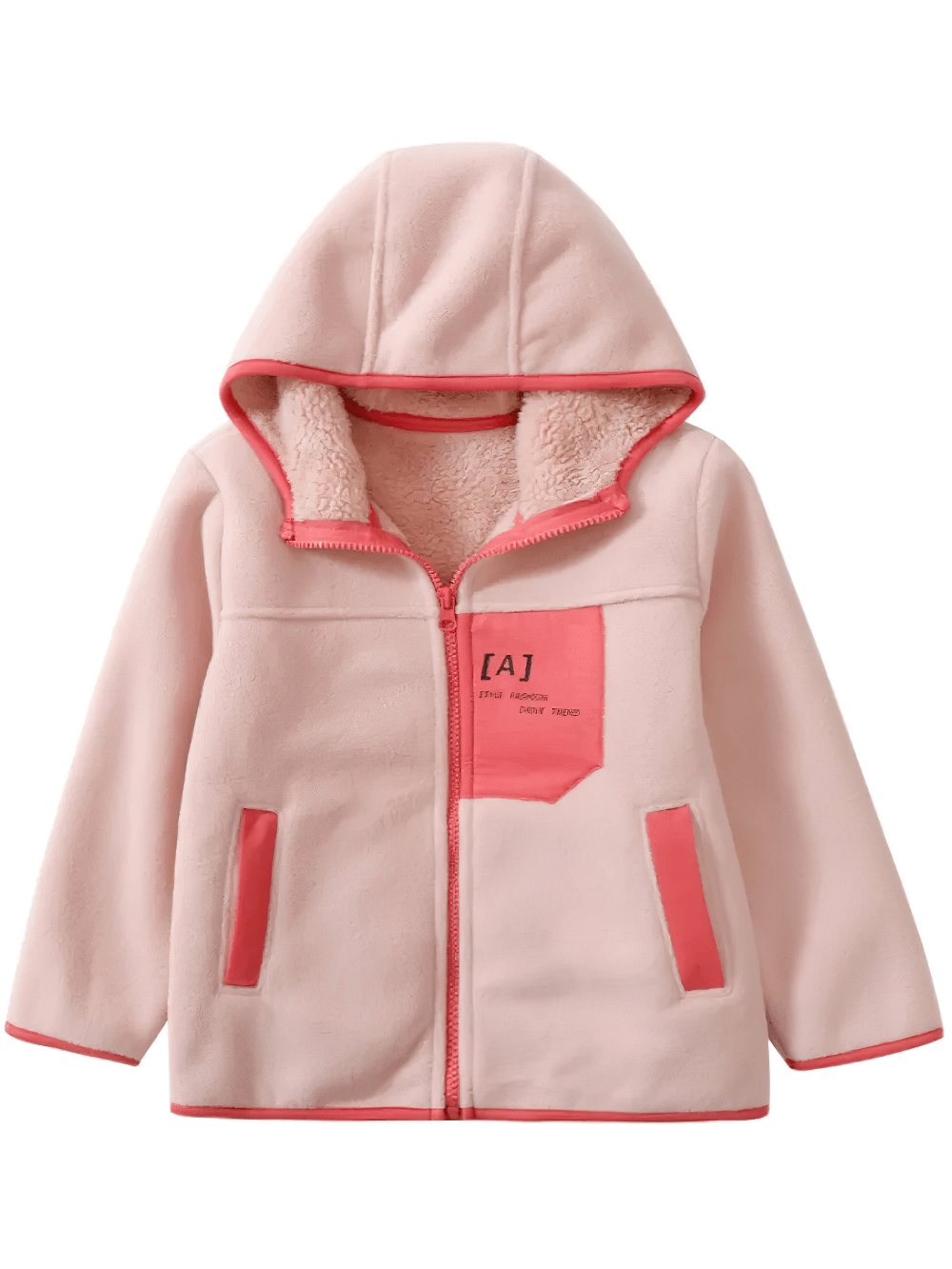 Trendy Hooded Fleece Jacket with Applique and Zipper - SF3839 in pink, featuring vibrant detail and warm fleece lining.