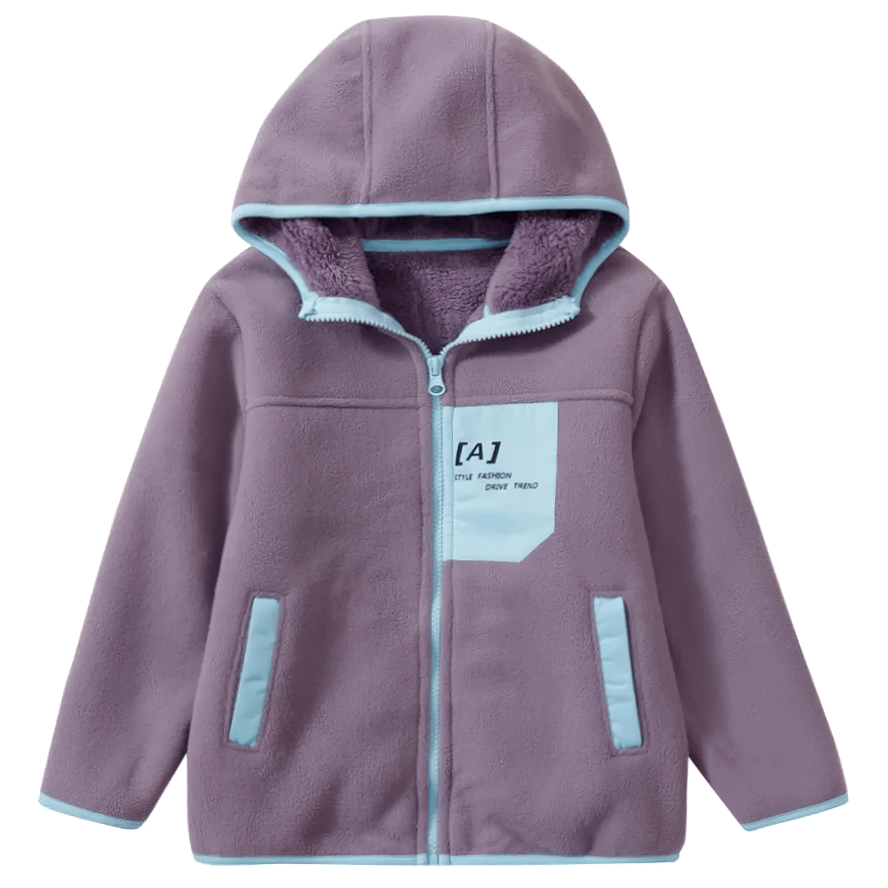 Hooded Fleece Jacket with Applique and Zipper - SF3839 in purple with blue accents, stylish and warm, perfect for casual outings.