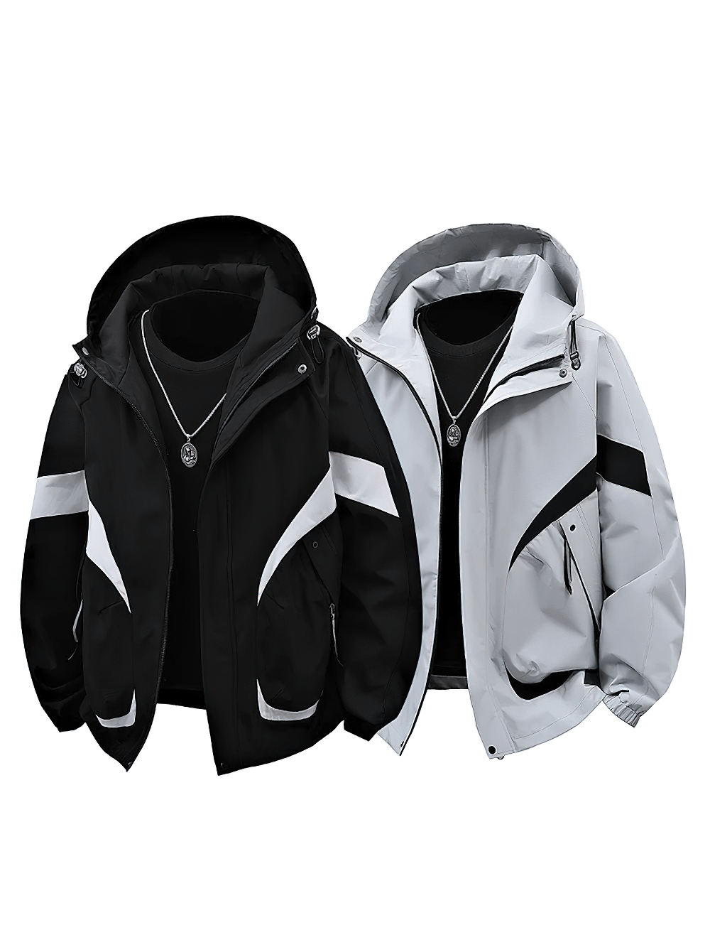 Hooded Hiking Jacket with Contrast Stripe Panels - SF4735 in black and light grey colors displayed together.