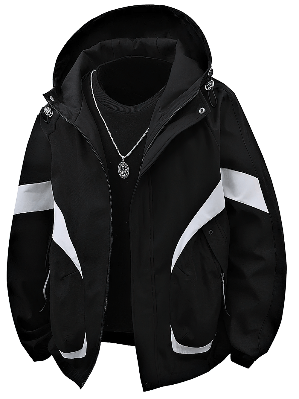 Hooded Hiking Jacket with Contrast Stripe Panels - SF4735 in black color with bold white stripes and hood.