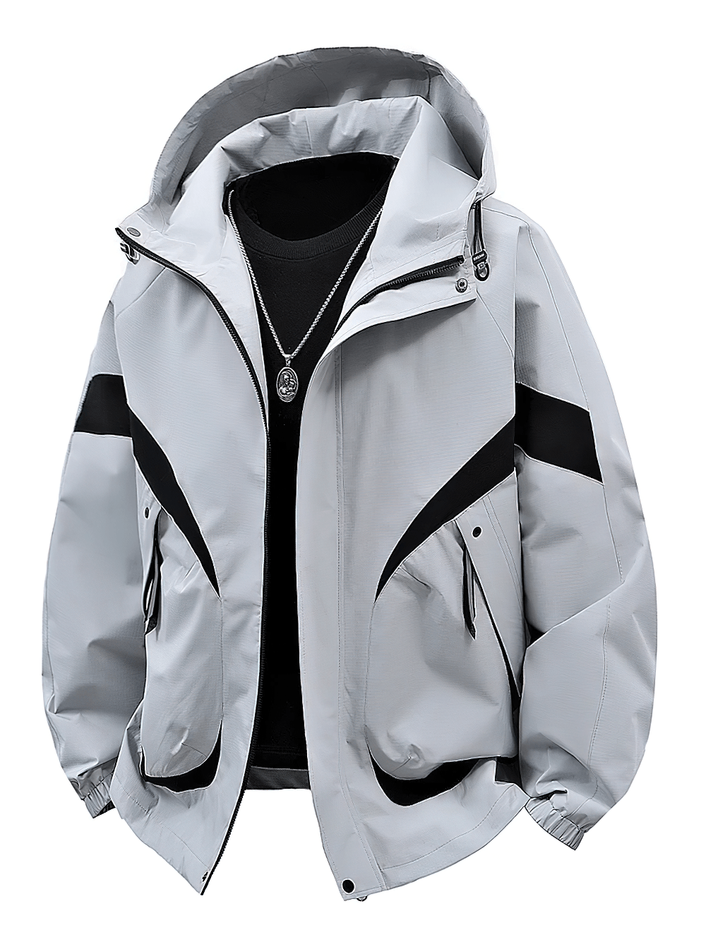 Hooded Hiking Jacket with Contrast Stripe Panels - SF4735 in light grey color, zip up design with utility pockets.