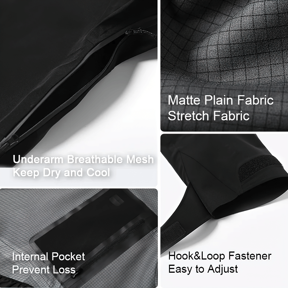 Details of waterproof hooded jacket featuring breathable mesh, matte stretch fabric, internal pocket, and adjustable hook & loop fastener.