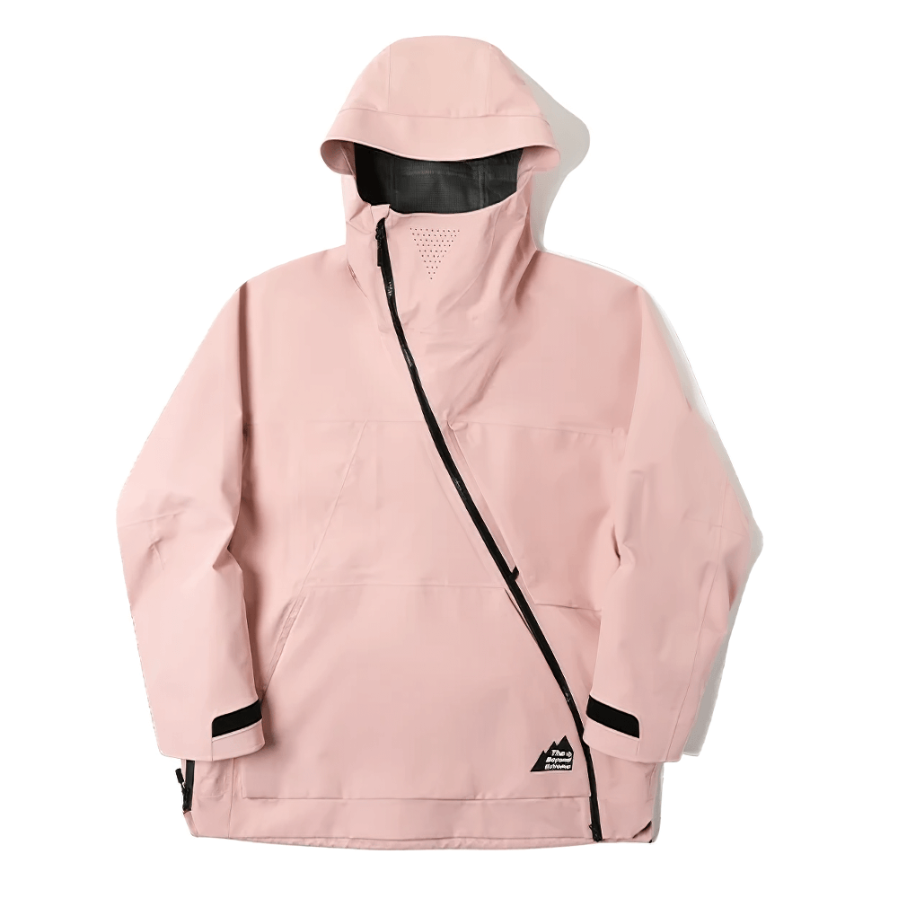 Pink waterproof hooded jacket with diagonal zipper and minimalist design, featuring adjustable cuffs and oversized hood, perfect for urban style.