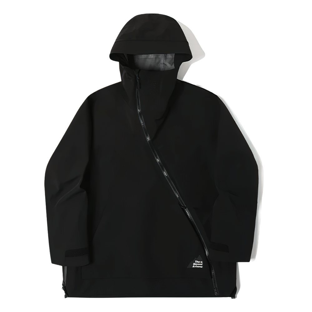 Black waterproof hooded jacket with asymmetrical zipper and adjustable cuffs, perfect for urban and outdoor style enthusiasts.