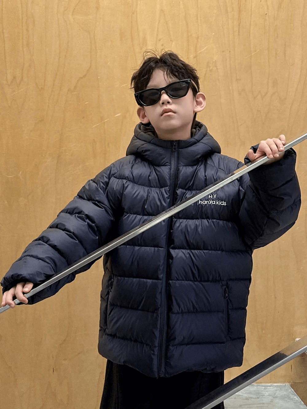 Boy wearing a stylish Hooded Puffer Jacket with Zipper and Insulation - SF3640, showcasing winter style and comfort.