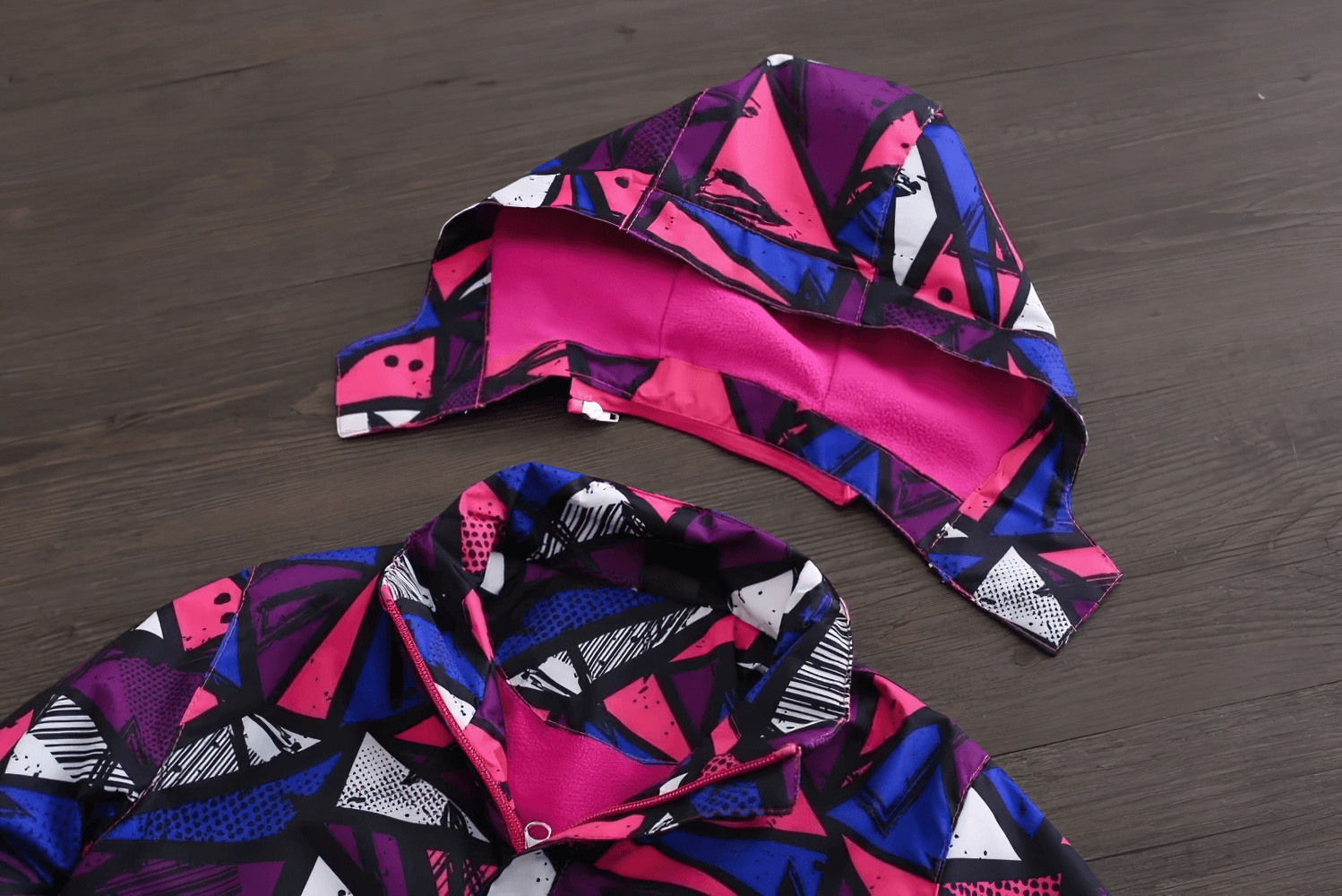 Colorful hood of Hooded Windbreaker Jacket with Camo Print - SF3847 showing detachable design, vibrant pink lining, perfect for kids' active wear.