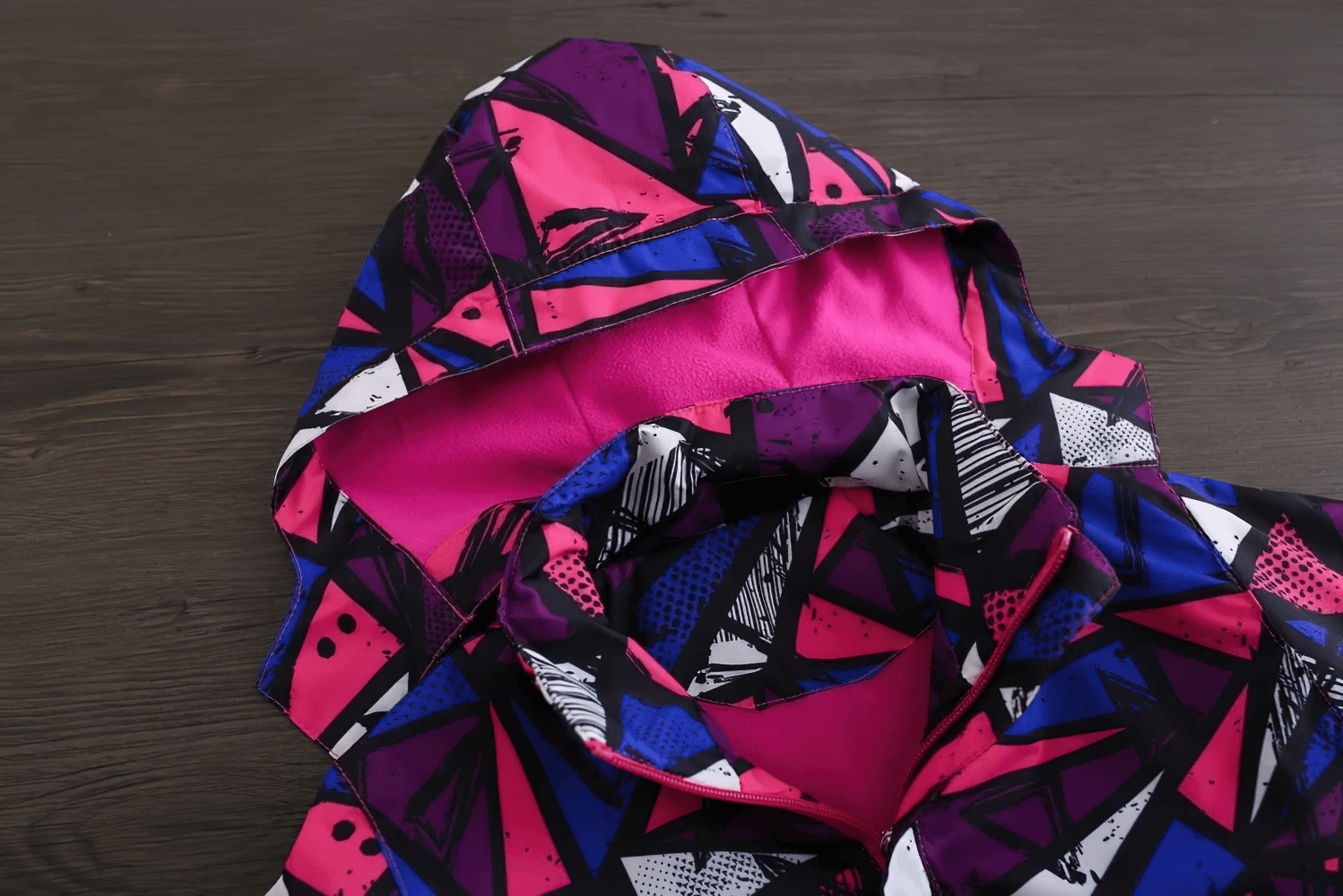 Colorful hood of a Hooded Windbreaker Jacket with Camo Print - SF3847 for kids, featuring vibrant patterns for stylish outdoor adventures.