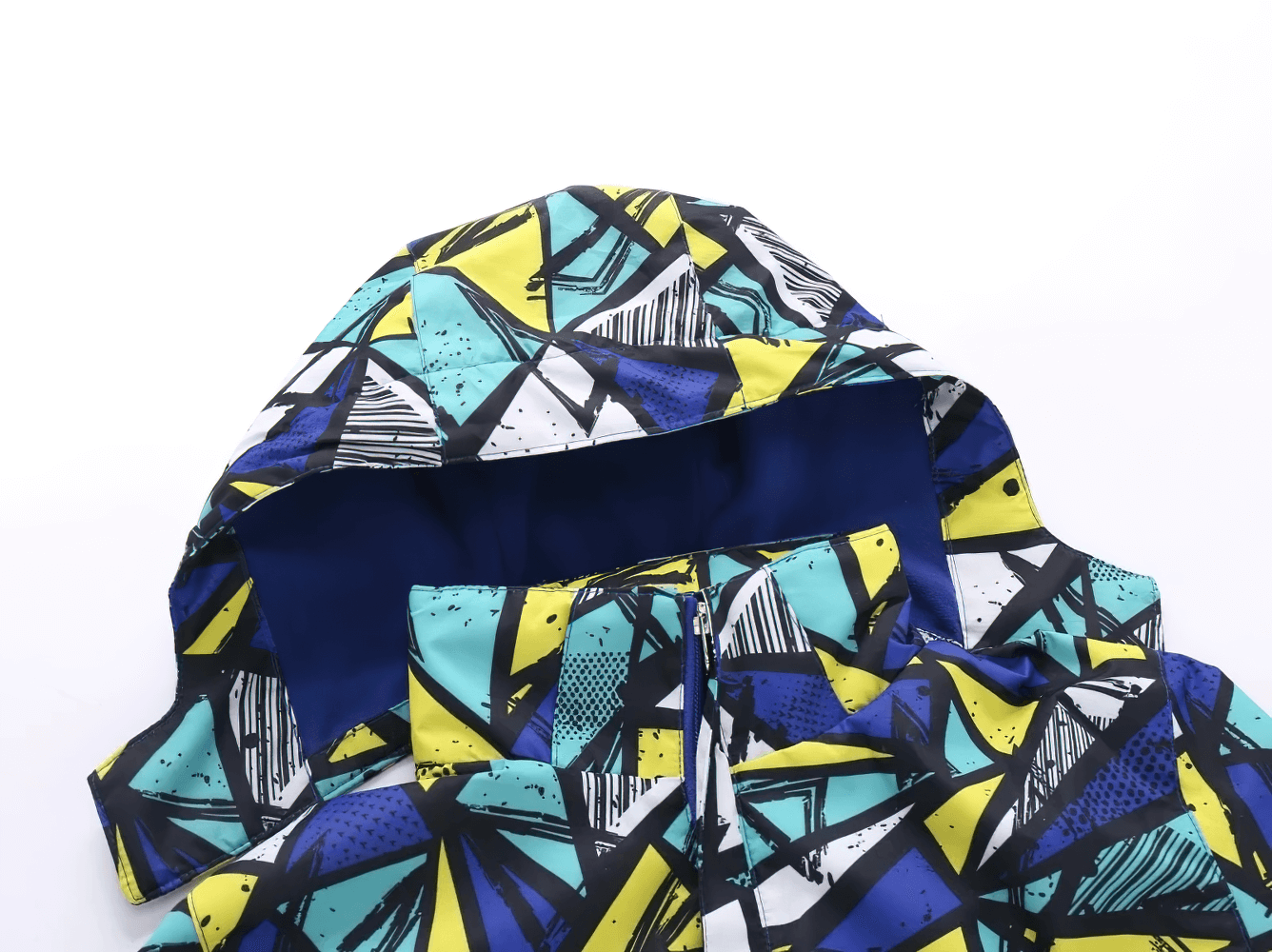 Hooded Windbreaker Jacket with Camo Print - SF3847 featuring colorful geometric patterns, perfect for active kids in outdoor activities.