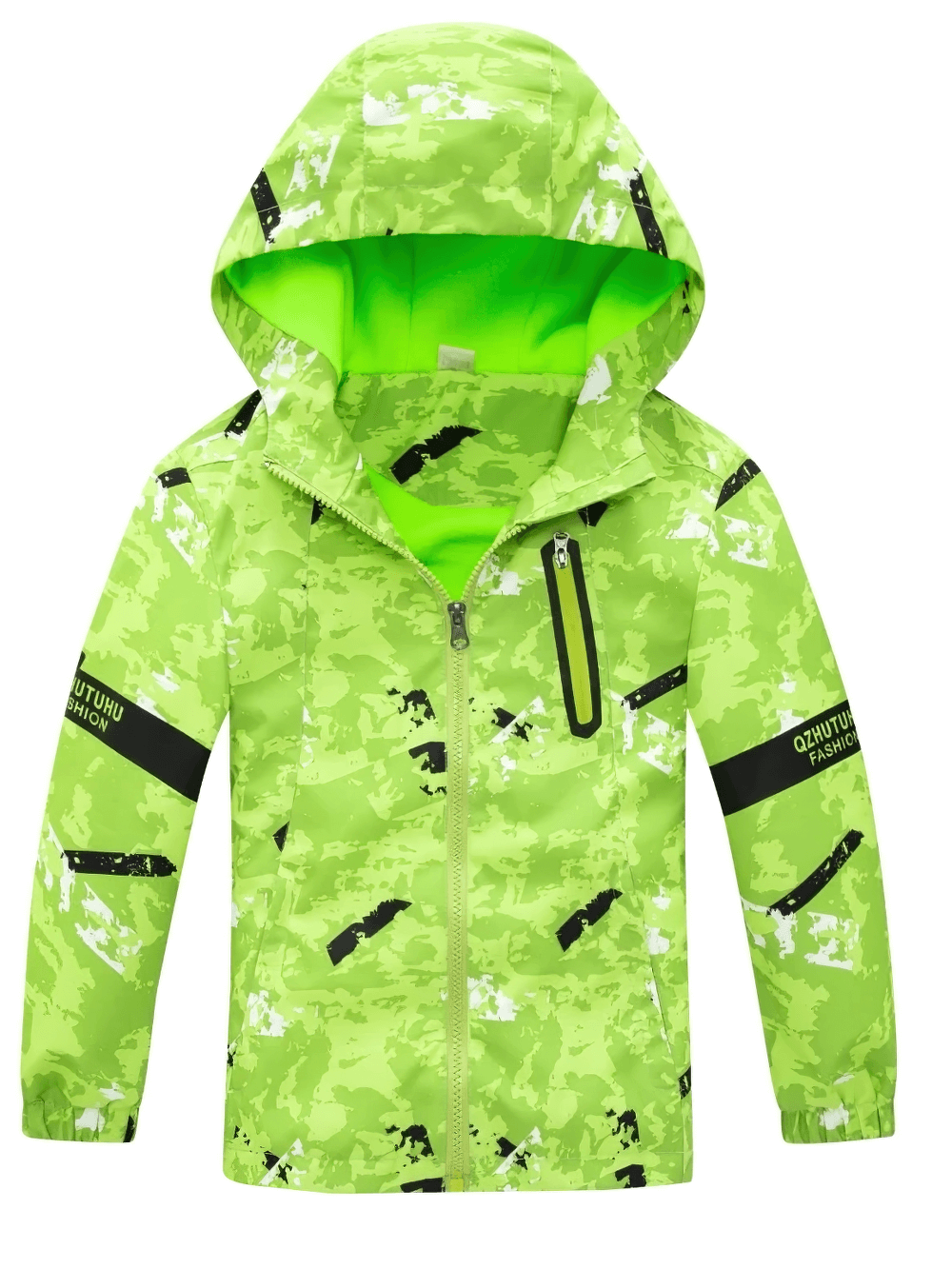 Kids Hooded Windbreaker Jacket with Camo Print - SF3847, bright green camouflage rain jacket with zipper and hood for outdoor play.