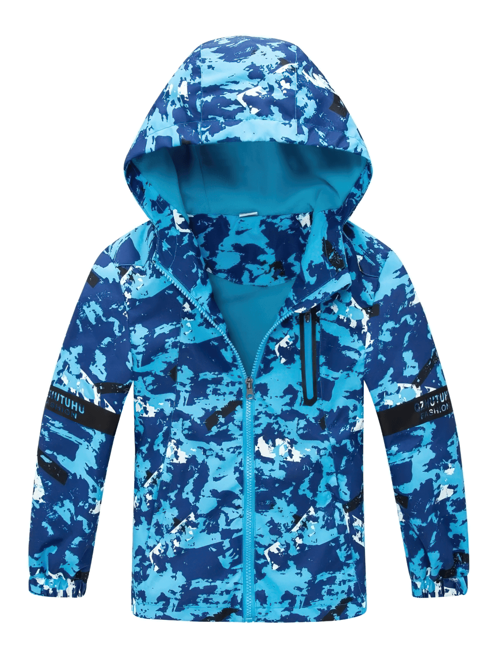 Hooded Windbreaker Jacket with Camo Print - SF3847 for kids, blue camouflage raincoat with zip, hood, elastic cuffs, and pockets.