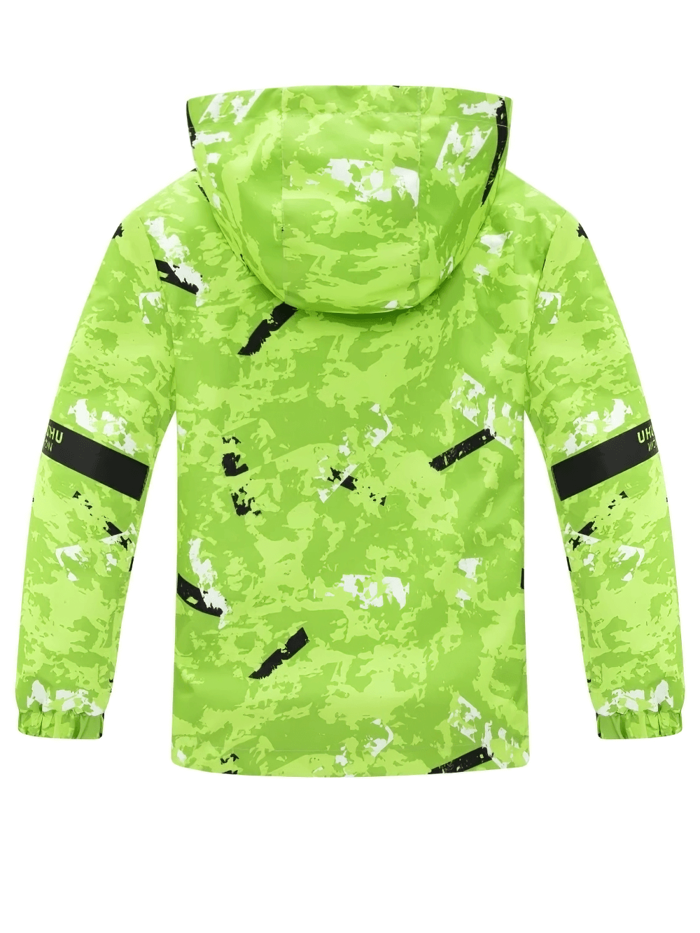 Vibrant green Hooded Windbreaker Jacket with Camo Print - SF3847 for kids, featuring a camouflage design, hood, and elastic cuffs.
