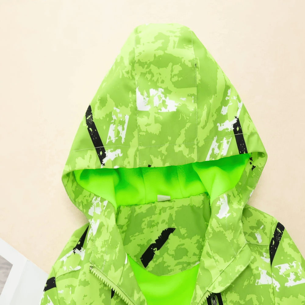 Bright green Hooded Windbreaker Jacket with Camo Print - SF3847 showing zipper and hood.