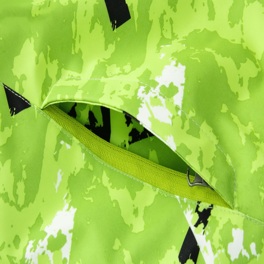 Close-up of zipper pocket on Hooded Windbreaker Jacket with Camo Print - SF3847, showcasing vibrant green camouflage design for kids.