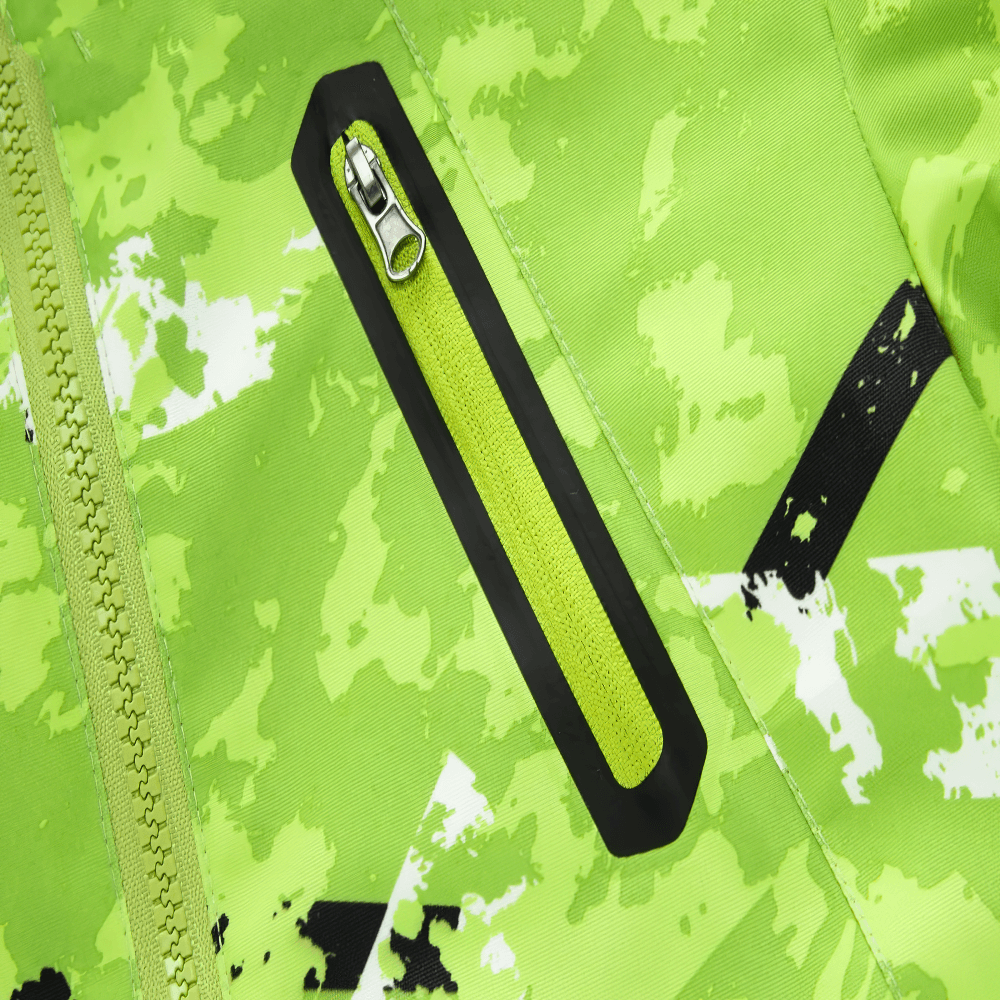Close-up of Hooded Windbreaker Jacket with Camo Print - SF3847 showing green camo pattern and zipper pocket detail.