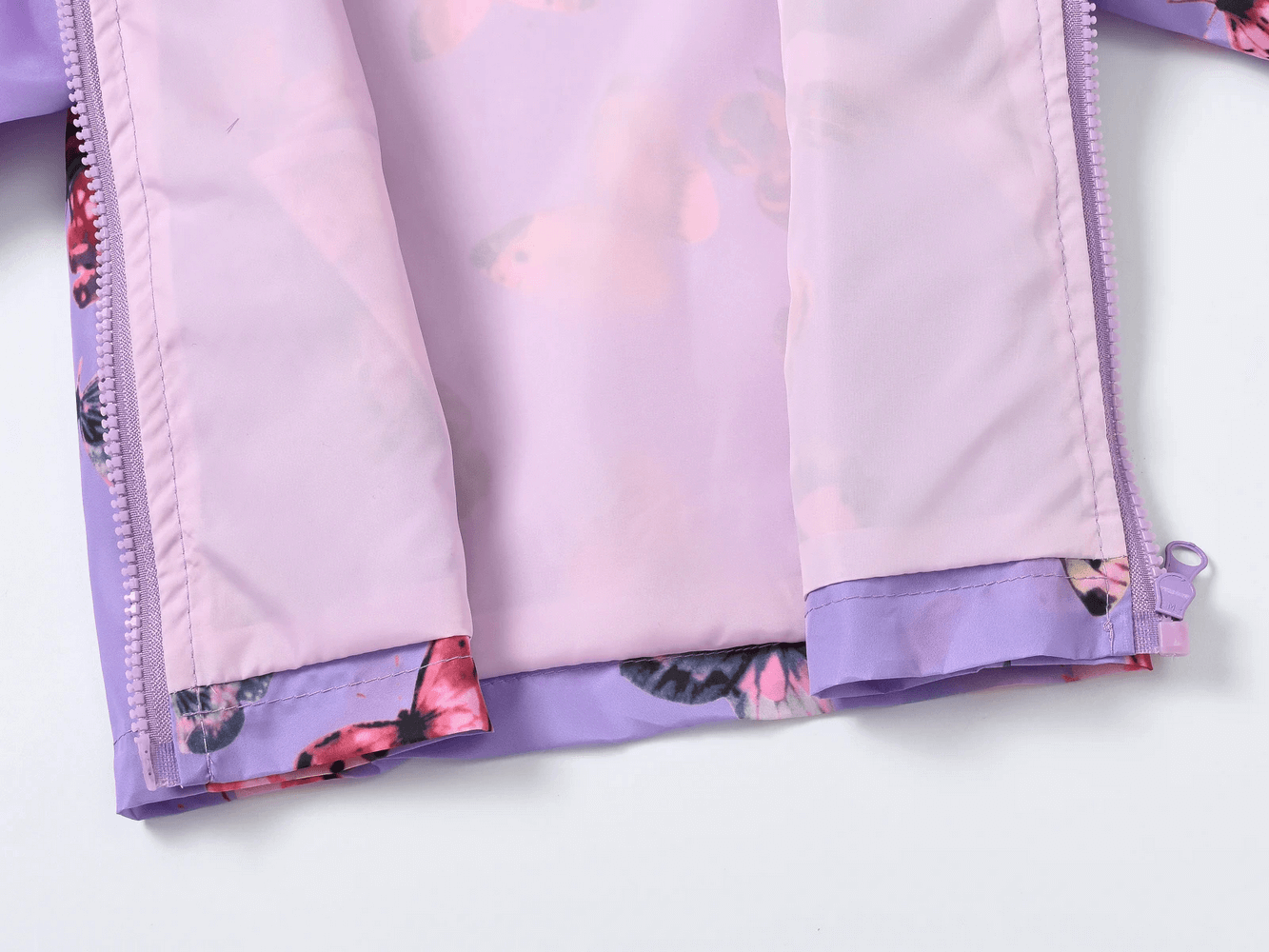 Close-up of Hooded Windbreaker Jacket with Printed Cute - SF3633 showing vibrant floral lining and zipper.