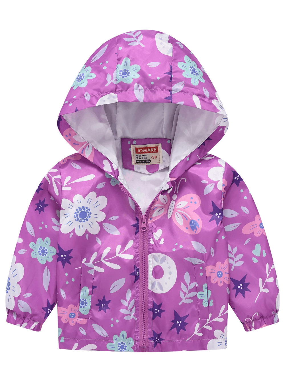 Girls Hooded Windbreaker Jacket with Printed Cute - SF3633, featuring floral and butterfly designs in vibrant purple, perfect for rainy days.