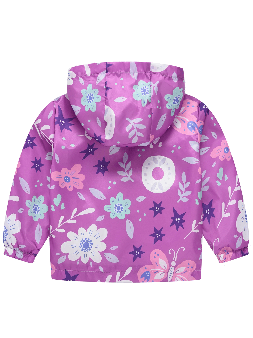 Girl's Hooded Windbreaker Jacket with Printed Cute - SF3633 in purple with floral and butterfly design.