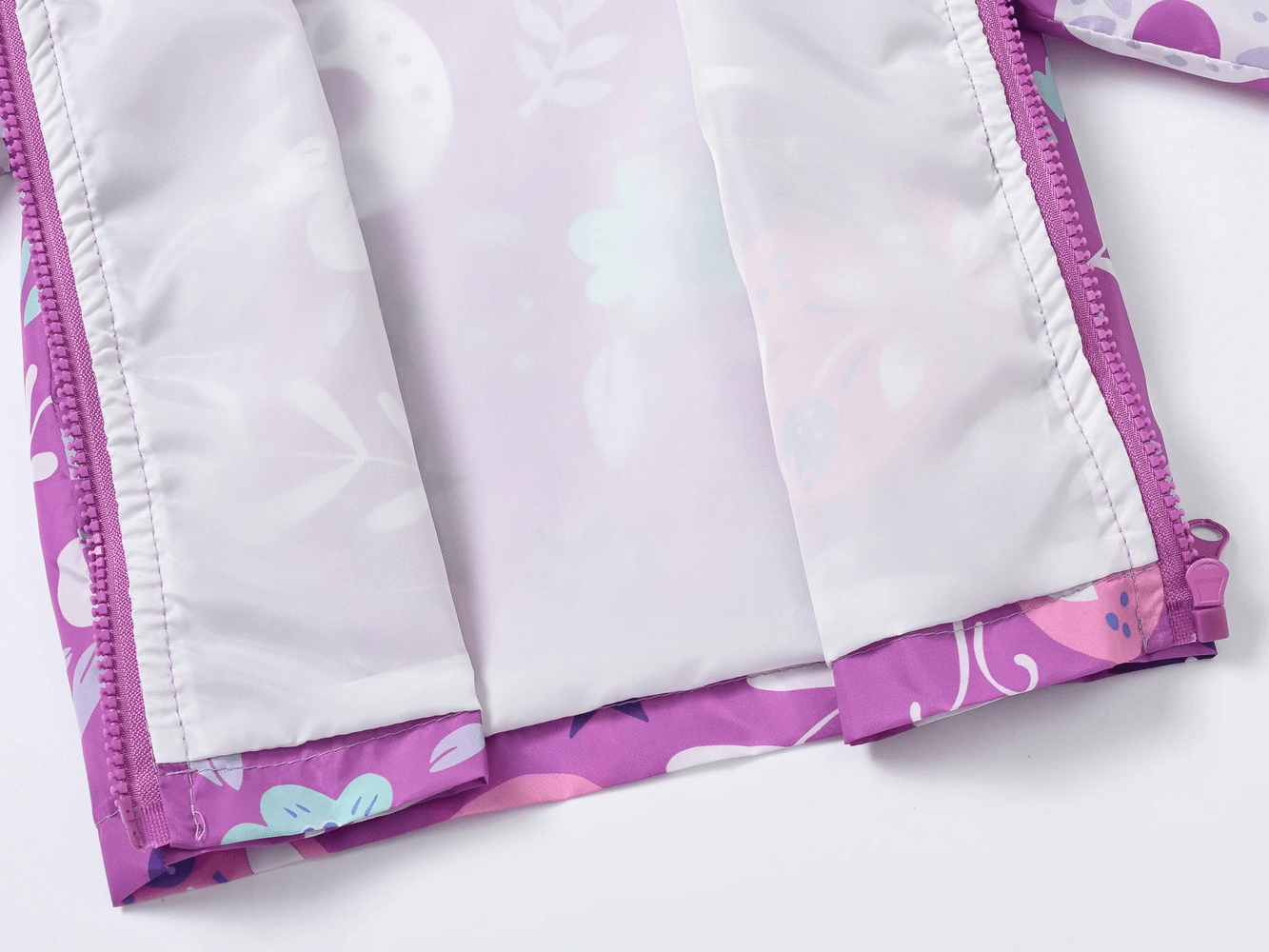 Hooded Windbreaker Jacket with Printed Cute - SF3633, girls' floral butterfly pattern, waterproof and lightweight, open zipper view