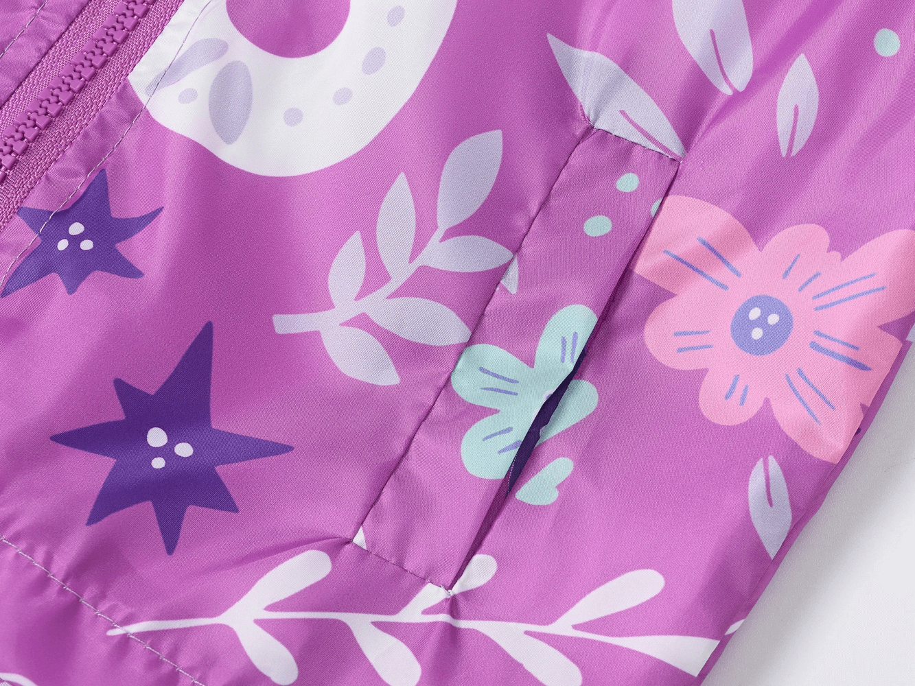 Close-up of floral and butterfly prints on a Hooded Windbreaker Jacket with Printed Cute - SF3633 for girls.