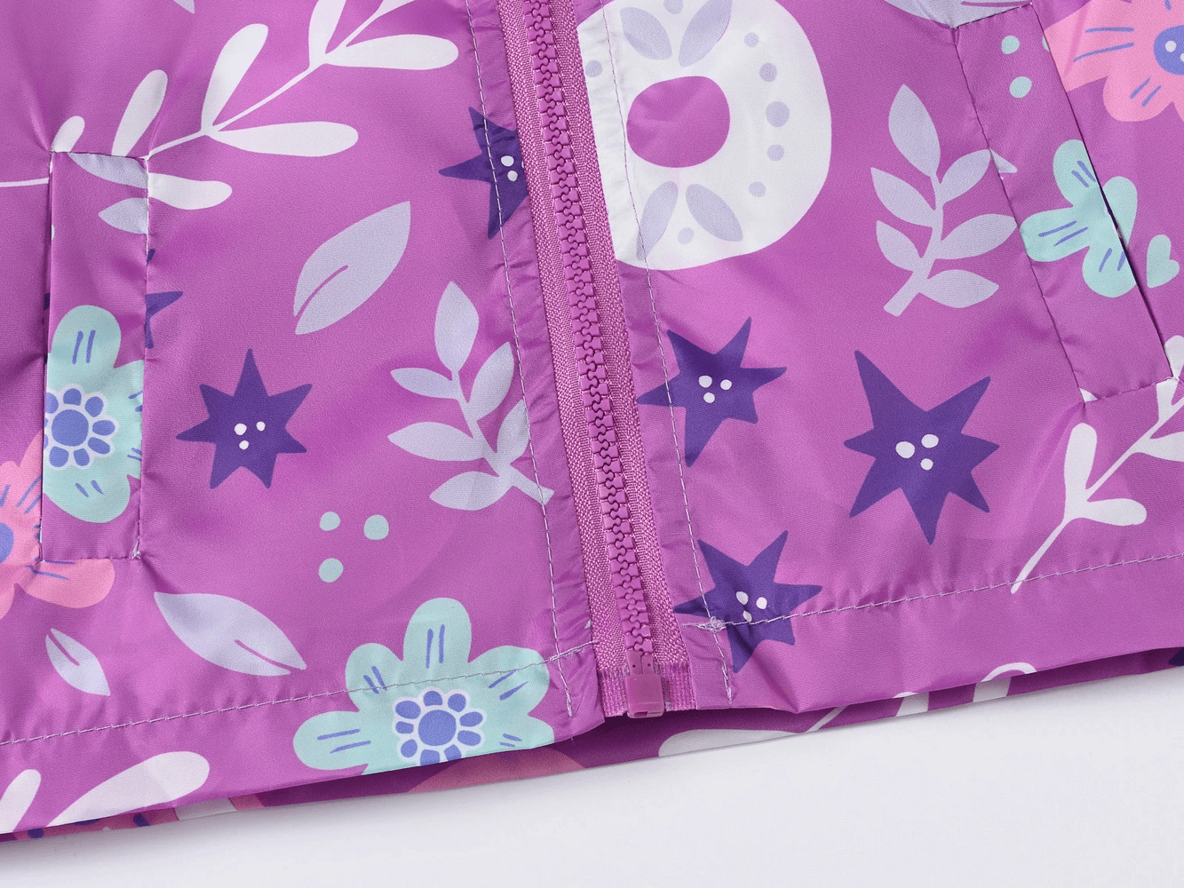 Close-up of Hooded Windbreaker Jacket with Printed Cute - SF3633 featuring vibrant floral and butterfly designs on waterproof material.