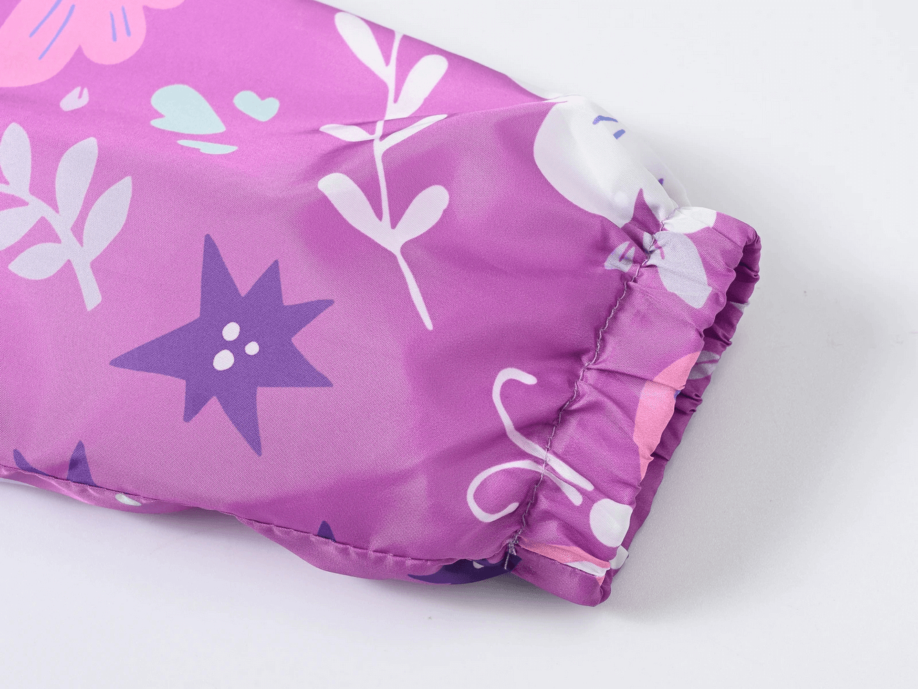 Close-up of girls' Hooded Windbreaker Jacket with Printed Cute - SF3633 featuring vibrant floral and butterfly patterns and elastic cuffs.