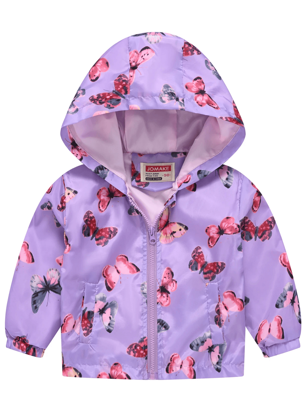 Vibrant butterfly Hooded Windbreaker Jacket with Printed Cute - SF3633, perfect for rainy outdoor play, girls' lightweight waterproof jacket.