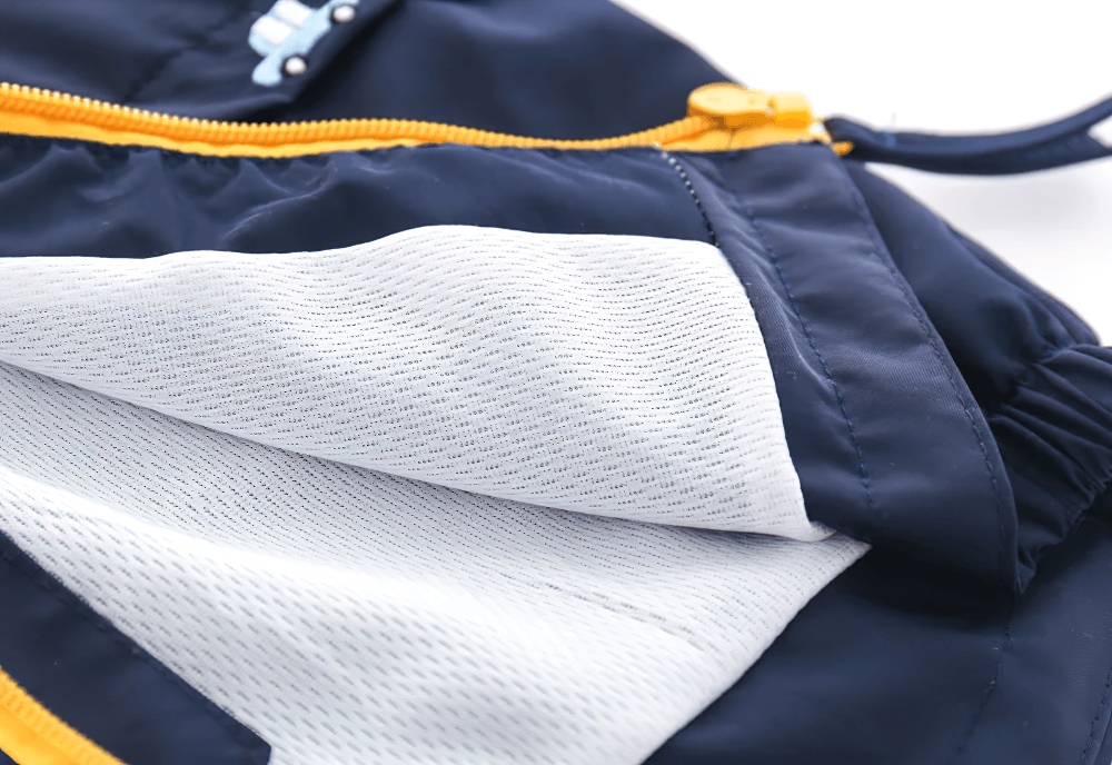 Close-up of Toddler Hooded Windbreaker Jacket with Zip Front - SF3602 showing mesh lining and zipper details for boys and girls.
