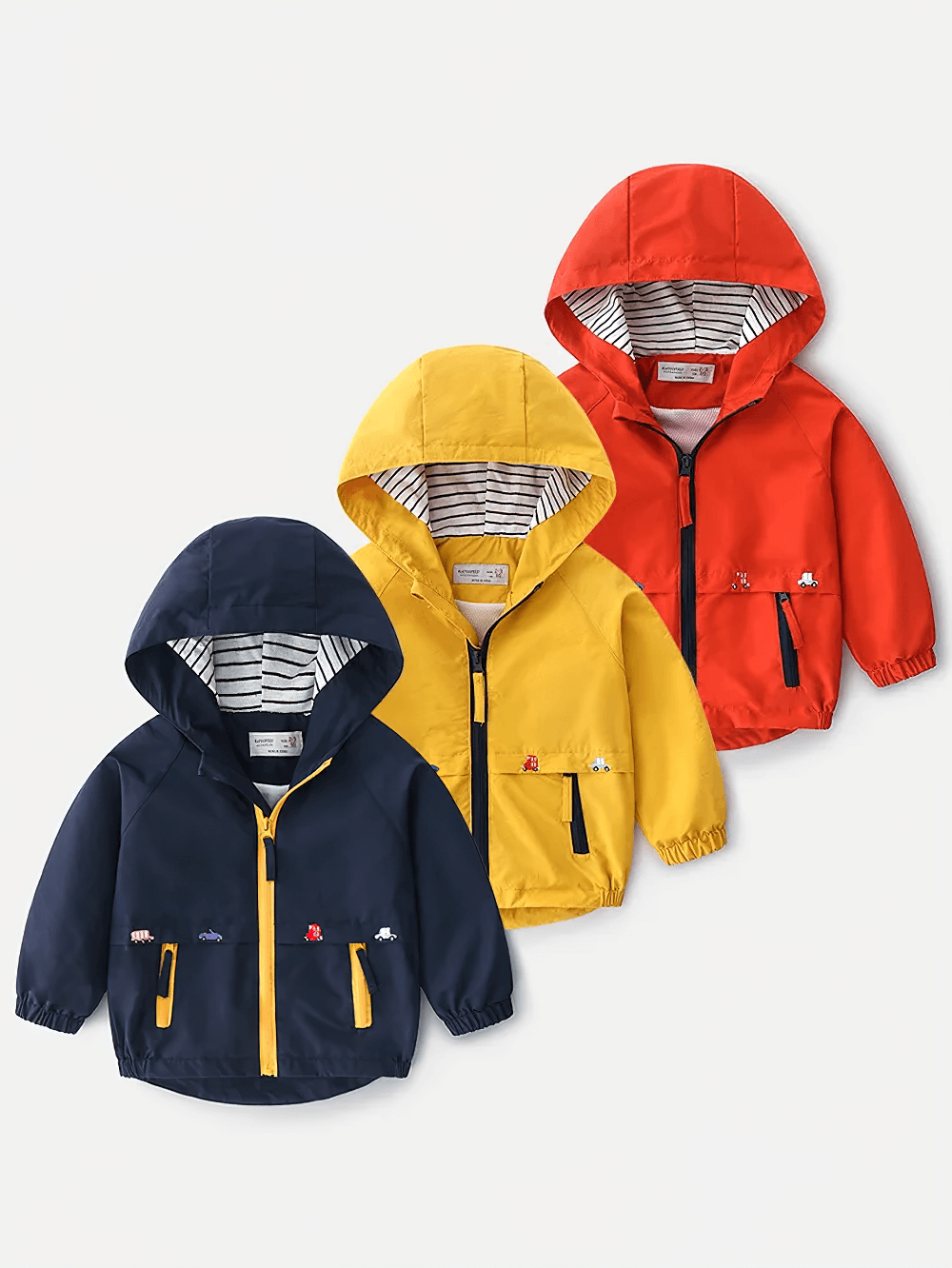 Hooded Windbreaker Jacket with Zip Front - SF3602 for toddlers, featuring fun colors and striped inner hood, perfect for outdoor play.