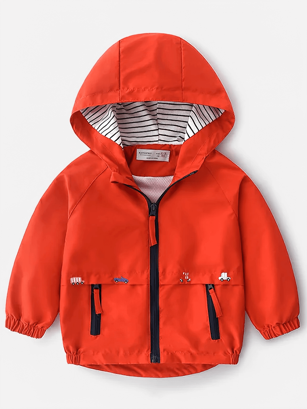 Hooded Windbreaker Jacket with Zip Front - SF3602 in red for toddlers, featuring fun vehicle graphics and striped inner hood.