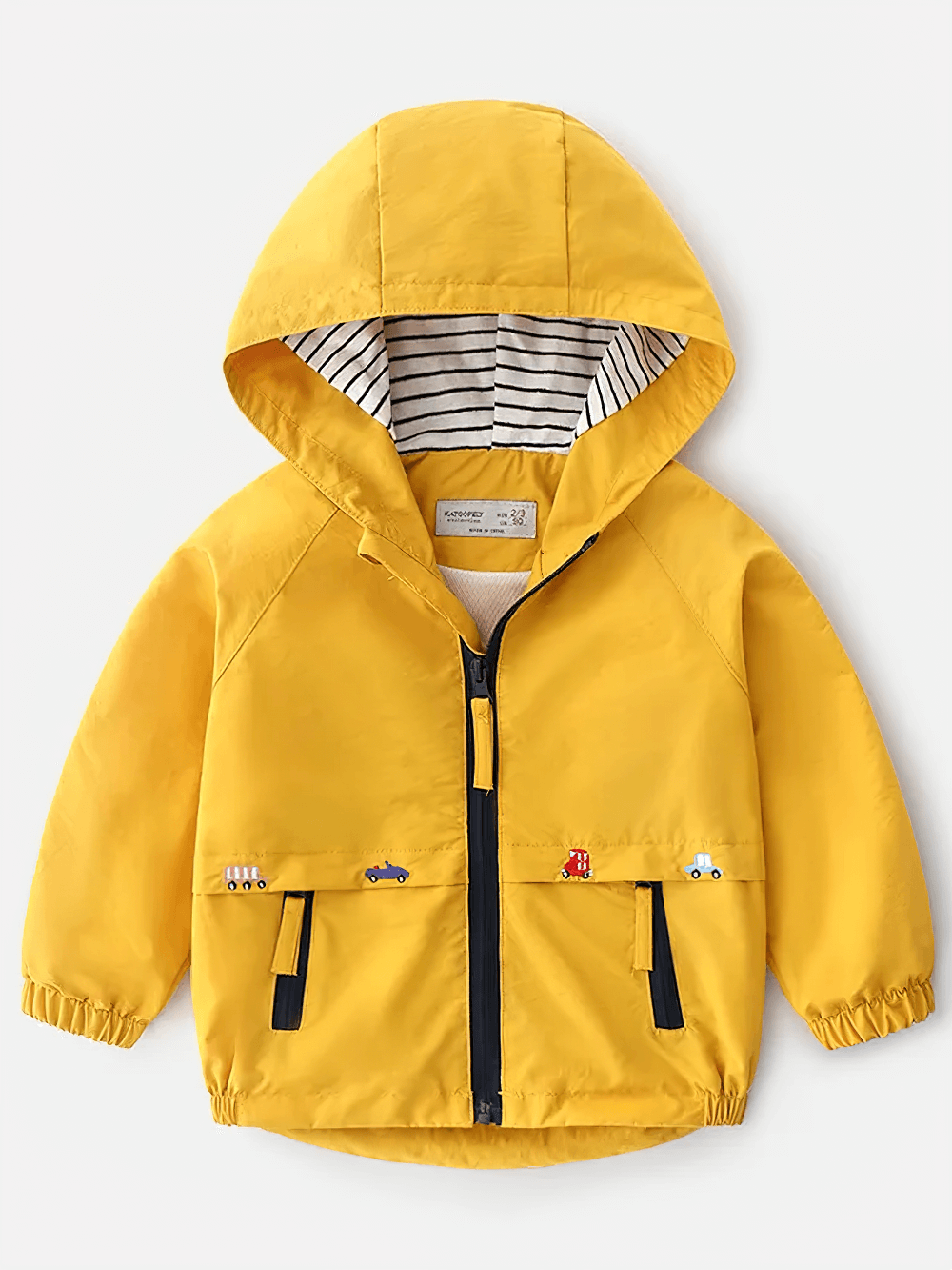Hooded Windbreaker Jacket with Zip Front - SF3602 for toddlers, featuring fun vehicle graphics and elastic cuffs in a vibrant yellow color.