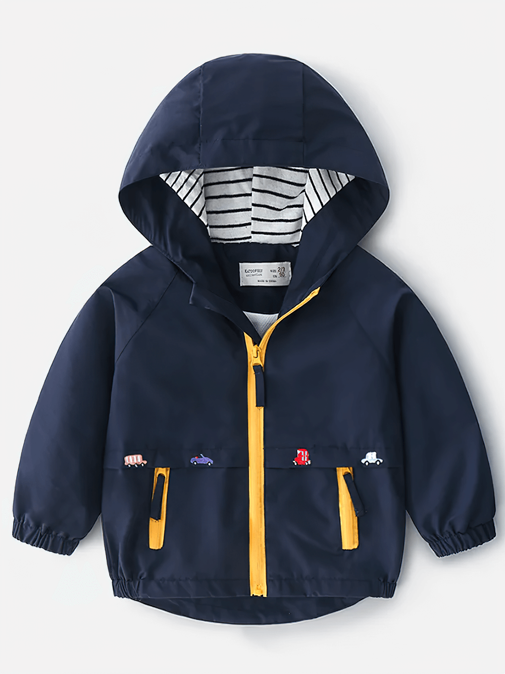 Hooded Windbreaker Jacket with Zip Front - SF3602 for toddlers, navy blue with yellow zippers and playful vehicle graphics.