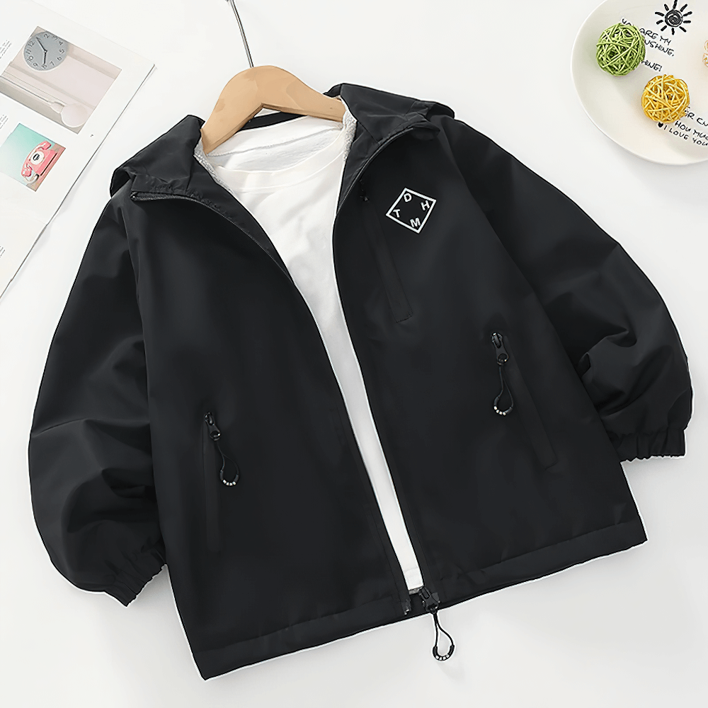 Hooded Windproof and Waterproof Outdoor Jacket - SF3563 for kids, black, with hood, zippers, suitable for outdoor adventures.