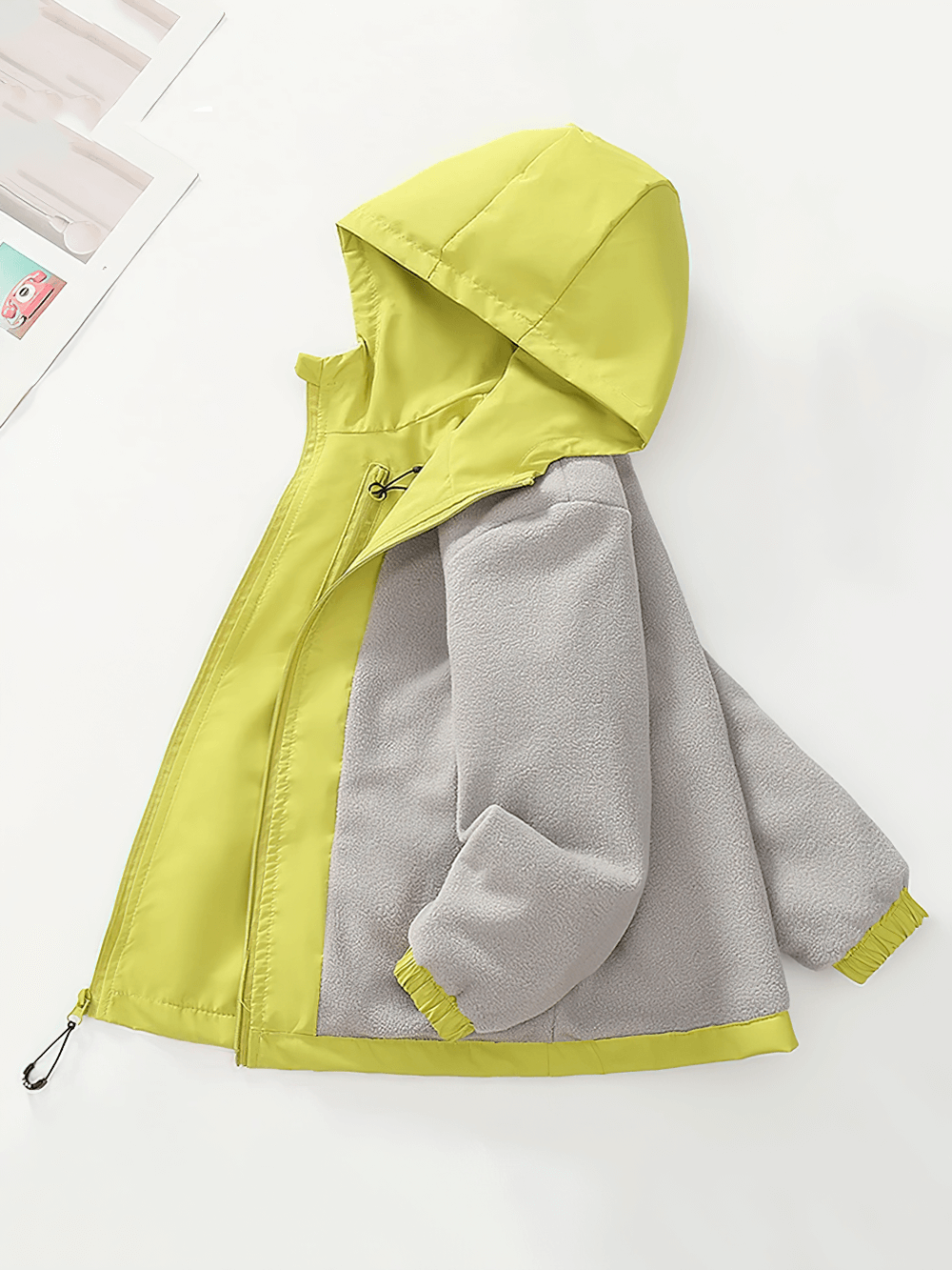 Kids' Hooded Windproof and Waterproof Outdoor Jacket - SF3563 in green and gray, featuring cozy hood and durable zippers.