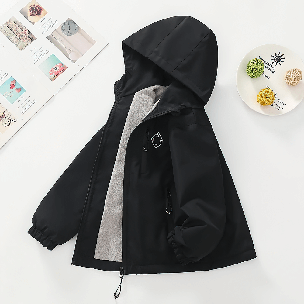 Alt Tag: Black Hooded Windproof and Waterproof Outdoor Jacket - SF3563 for kids, perfect for outdoor sports, featuring a cozy hood.