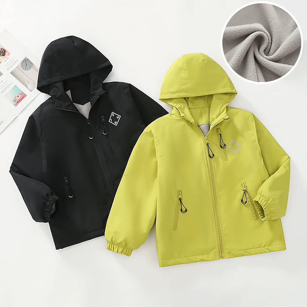 Kids Hooded Windproof and Waterproof Outdoor Jacket - SF3563 in black and yellow, perfect for spring and autumn adventures.