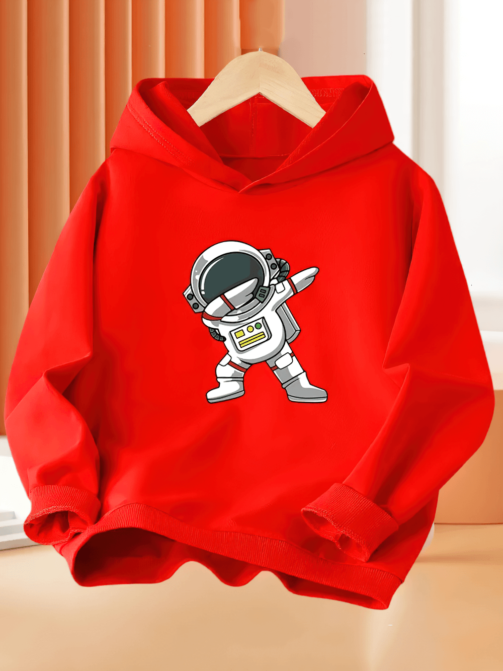 Hoodie With Dabbing Astronaut Print For Kids - SF3814 in red displaying playful space-themed design for cool weather comfort.