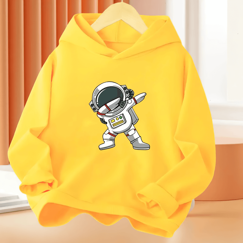Hoodie With Dabbing Astronaut Print For Kids - SF3814, space-themed pullover with cartoon astronaut, bright yellow, playful design