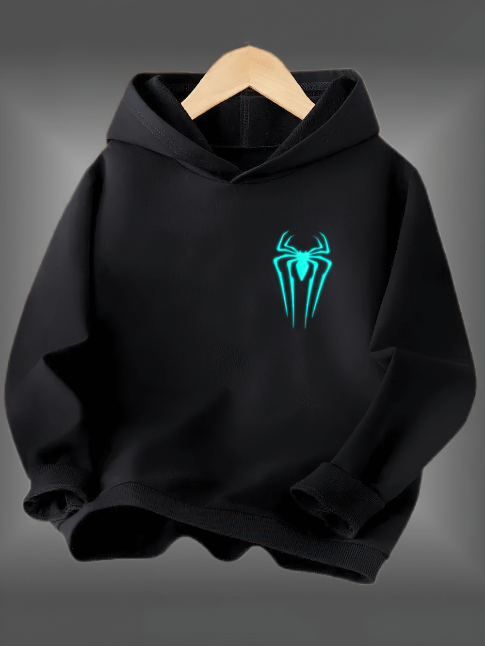 Hoodie With Glowing Spider Graphic for Bold Style - SF3818, kids pullover with glow print spider design. Trendy warm top for children.