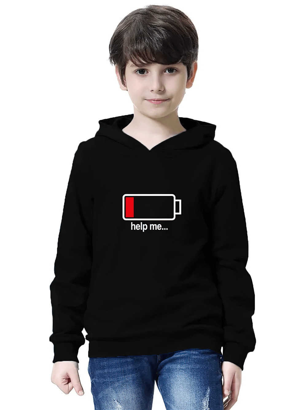 Young boy wearing Hoodie With Low Battery Graphic and Playful Text - SF3813