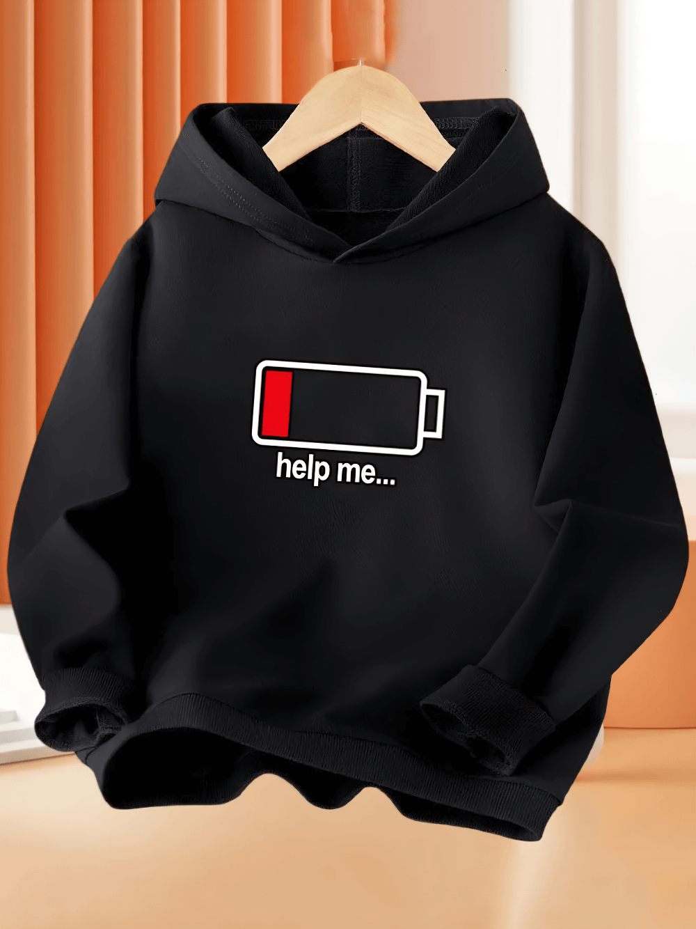 Hoodie With Low Battery Graphic and Playful Text - SF3813 on a hanger, features fun battery print for kids' playful everyday style.