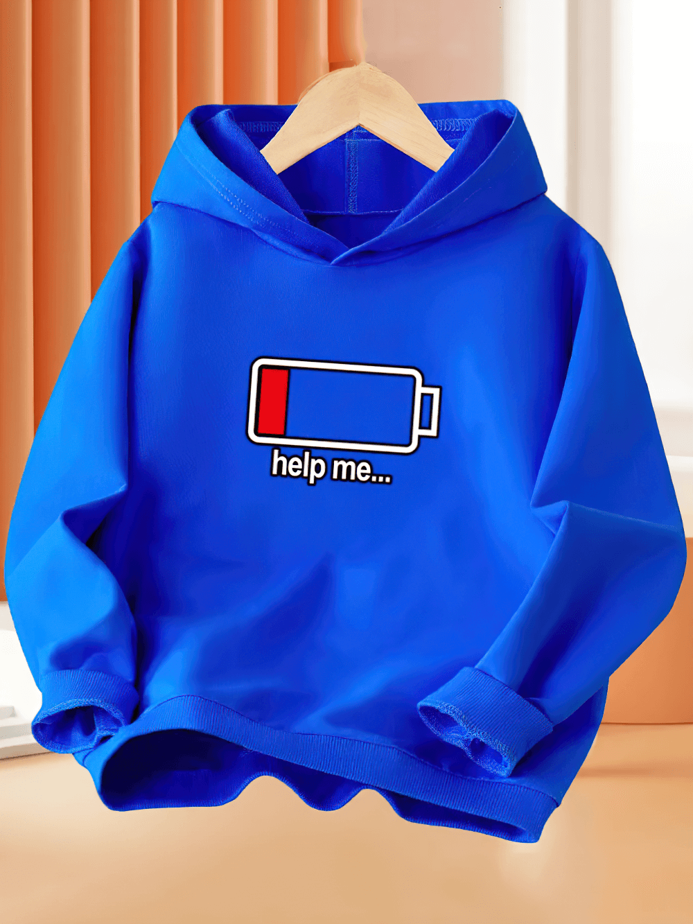 Hoodie With Low Battery Graphic and Playful Text - SF3813 for kids in blue with low battery design and 'help me' text.