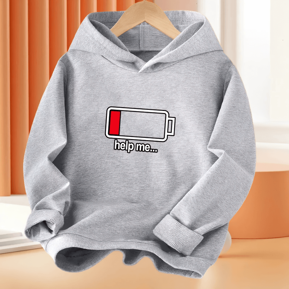 Hoodie With Low Battery Graphic and Playful Text - SF3813 for kids, featuring a fun pullover design with ribbed cuffs and a cozy hood.