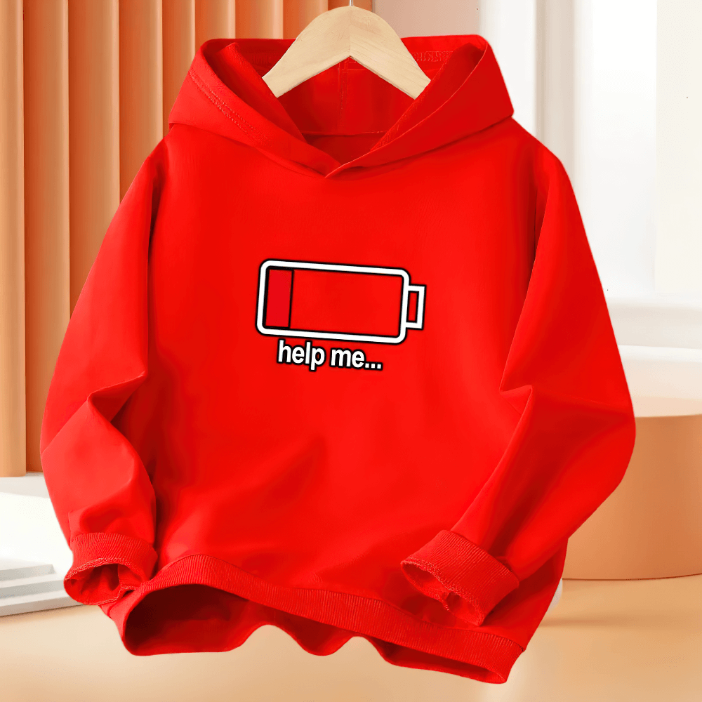 Hoodie With Low Battery Graphic and Playful Text - SF3813, children's red pullover with fun battery print for casual outings.