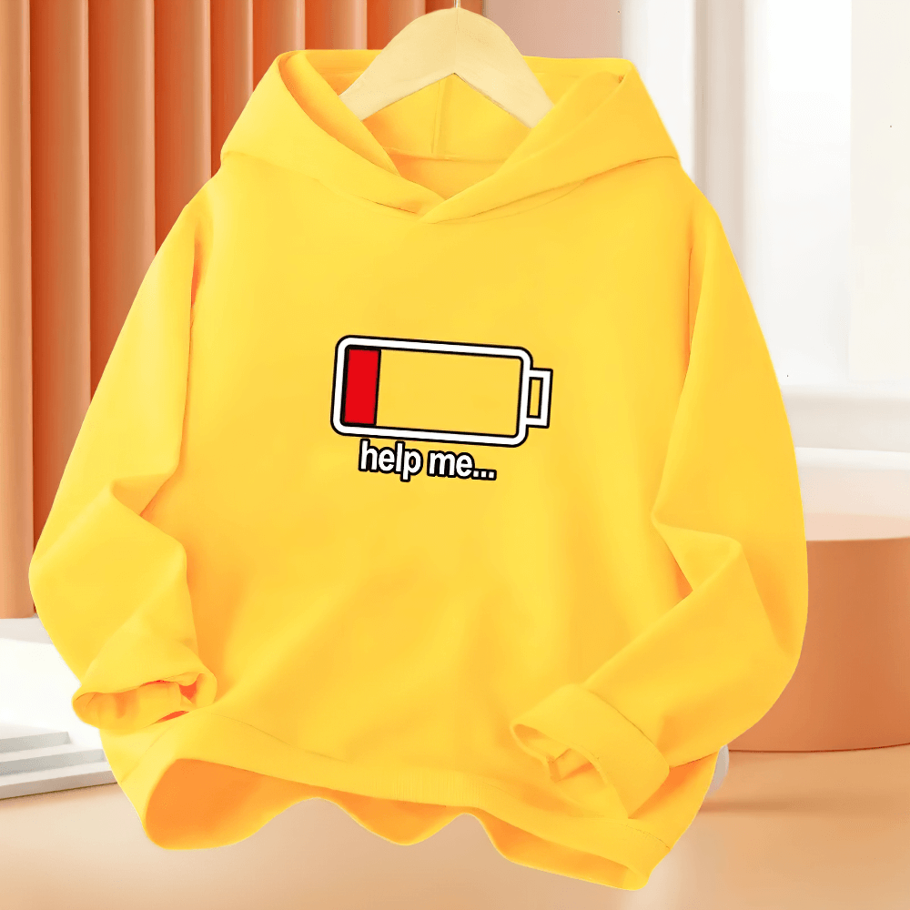 Hoodie With Low Battery Graphic and Playful Text - SF3813 in vibrant yellow for kids, featuring fun low battery print, perfect for casual wear.