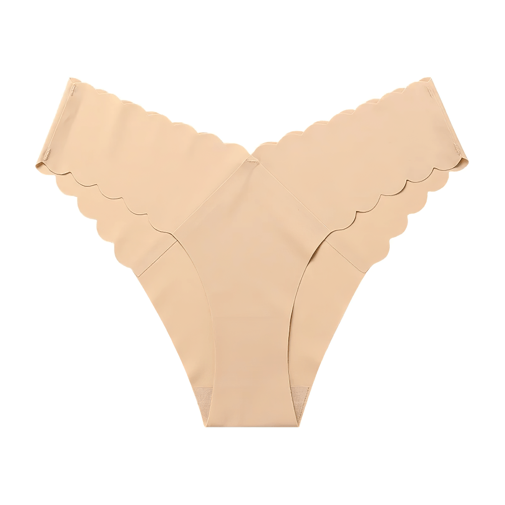 Ice Silk Seamless Ruffle Thong Panties for Women - SF4662 in beige with scalloped edges.