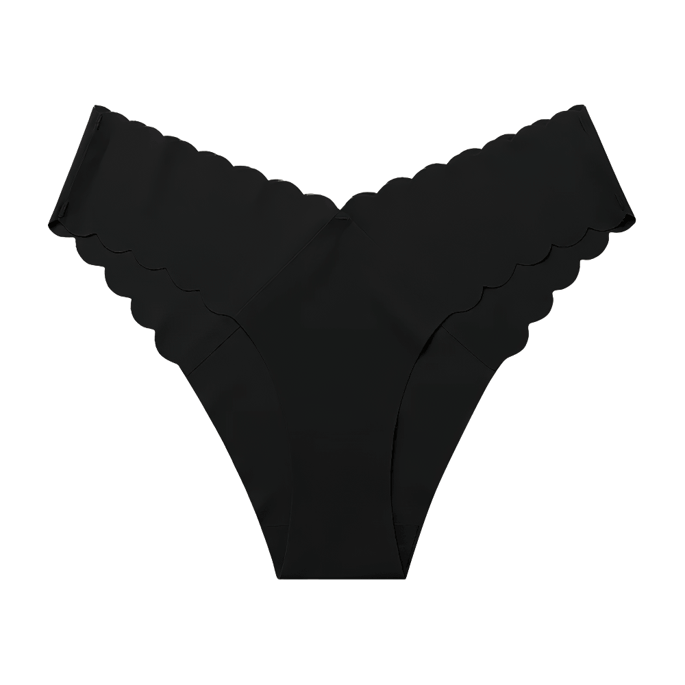 Ice Silk Seamless Ruffle Thong Panties for Women - SF4662 in black with scalloped edges.