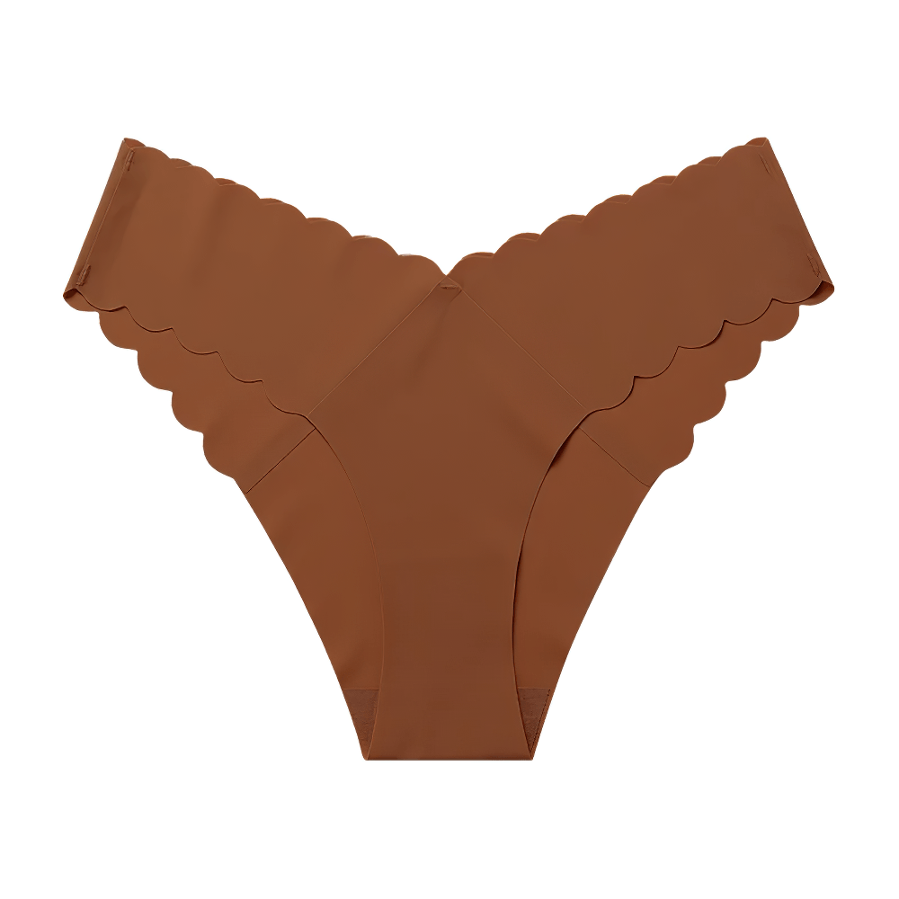 Ice Silk Seamless Ruffle Thong Panties for Women - SF4662 in brown with scalloped edges.