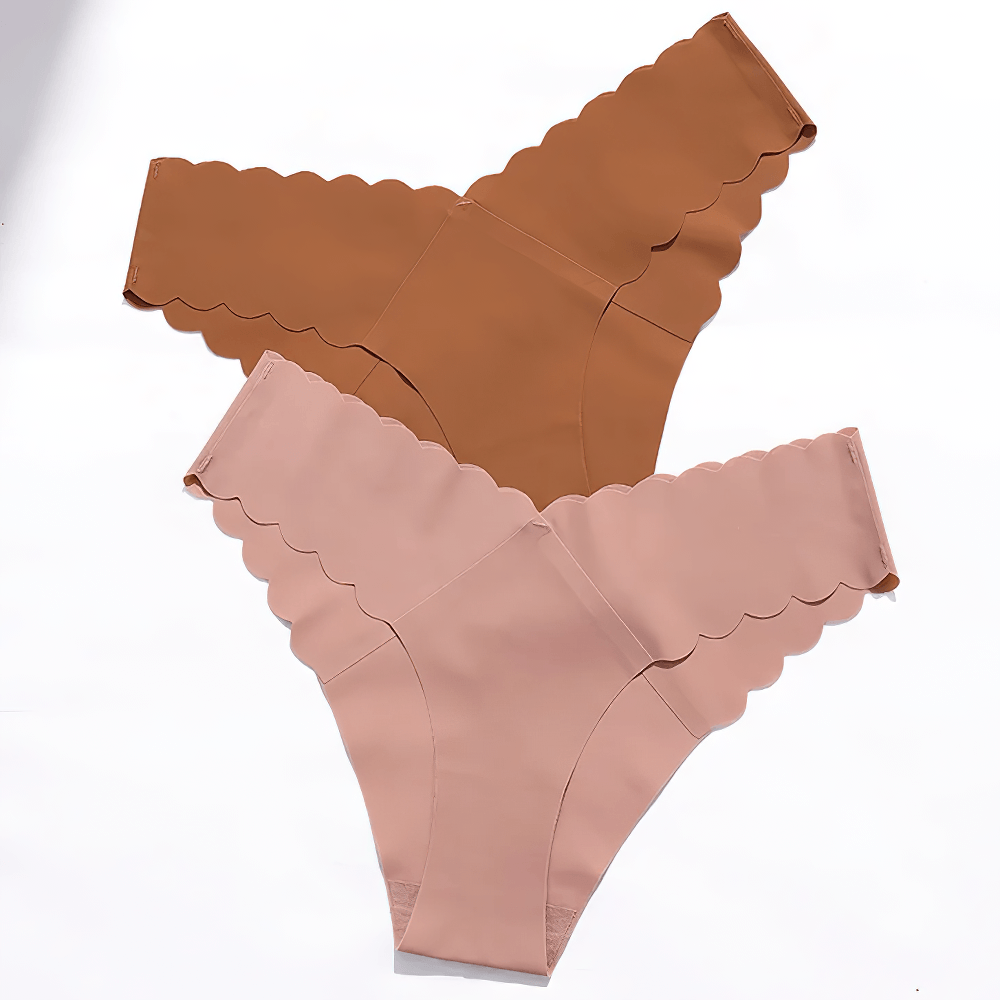 Ice Silk Seamless Ruffle Thong Panties for Women - SF4662 in brown and soft pink colors.